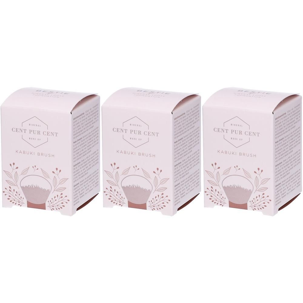 Tre pennelli Kabuki Cent Pur Cent in confezione rosa con design floreale.