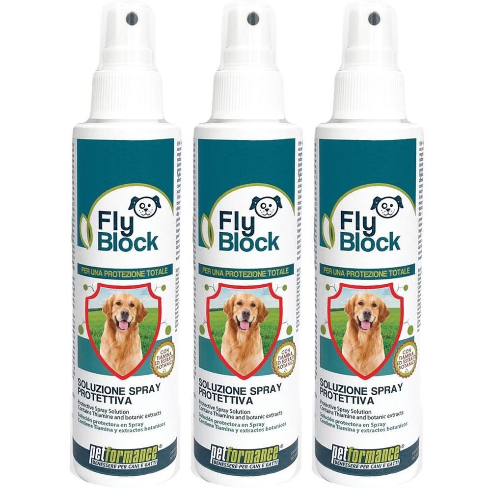 Tre flaconi spray Fly Block repellenti per cani.