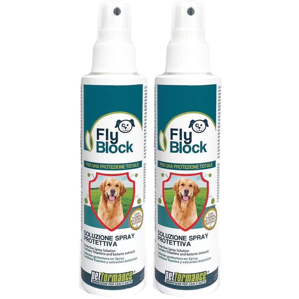 Due flaconi spray Fly Block per cani, con immagine di Golden Retriever.