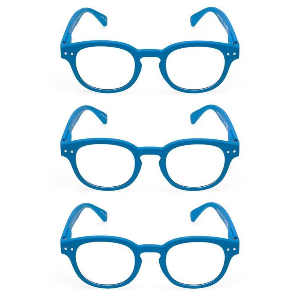 Tre occhiali blu per bambini con lenti rotonde e aste.