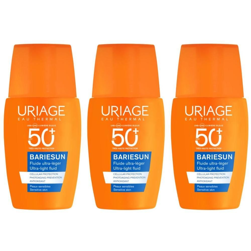 Tre flaconi di fluido solare URIAGE Bariésun SPF 50+.