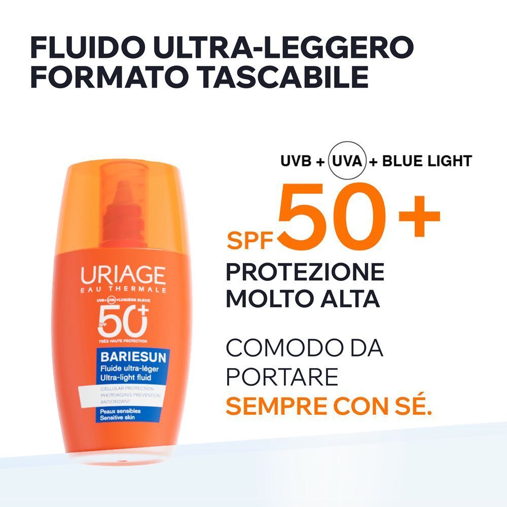 Fluido solare URIAGE Bariésun SPF 50+ formato tascabile con erogatore.
