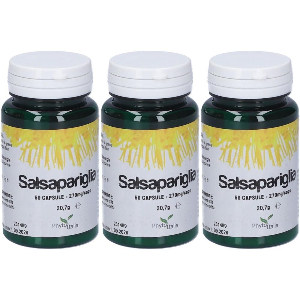 Tre flaconi di capsule Salsapariglia, 60 capsule ciascuno.