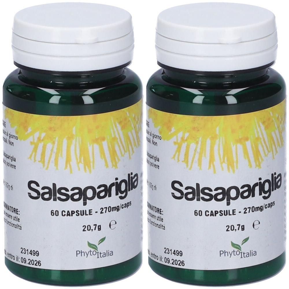 Due contenitori verdi di capsule di Salsapariglia, 60 capsule ciascuno.