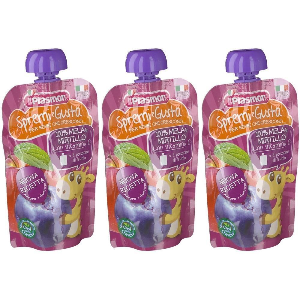 Tre pouch Plasmon Spremi e Gusta gusto mela e mirtillo, con vitamina C.