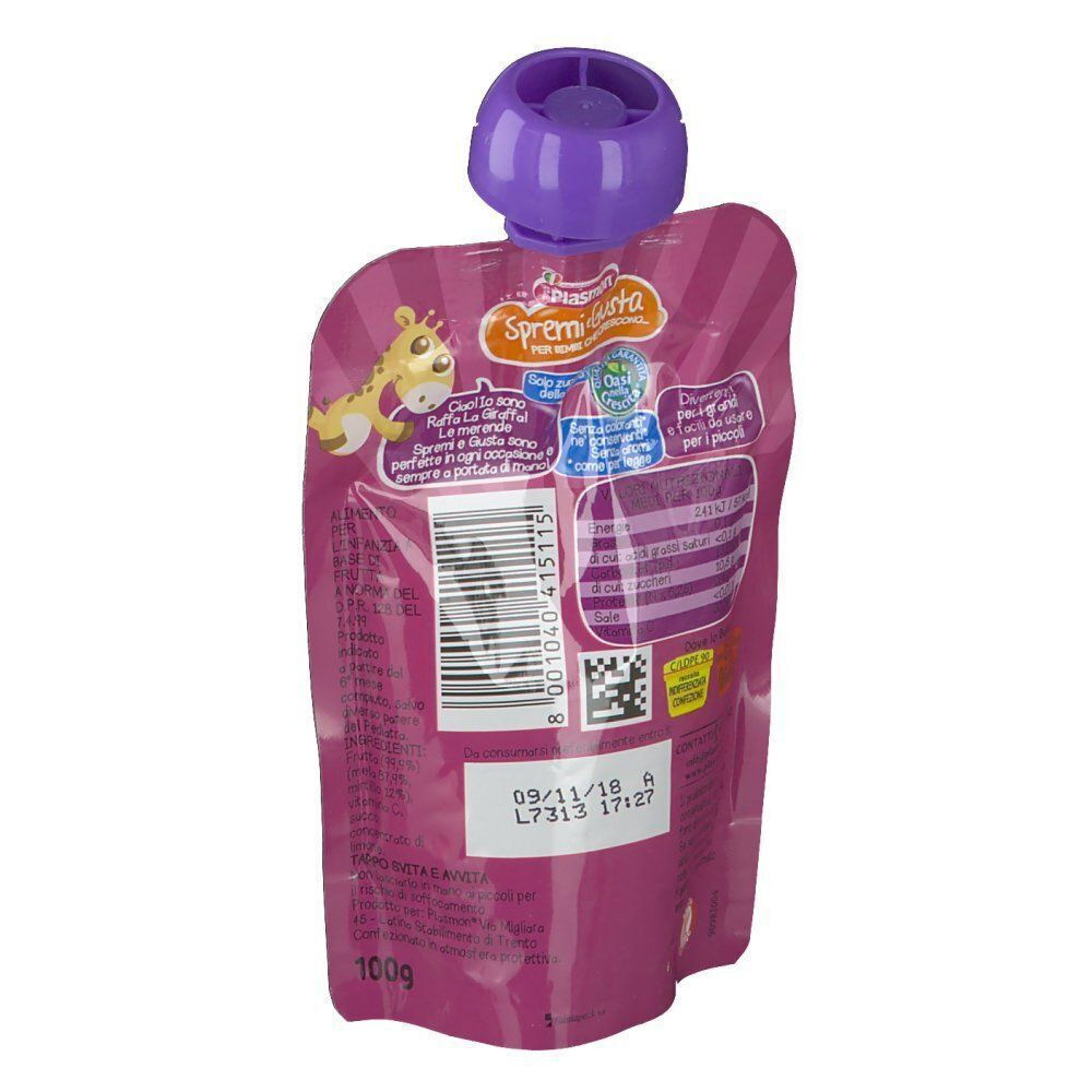 Sacchetto spremibile viola con disegno di giraffa e tappo a vite viola. Contiene 100g.