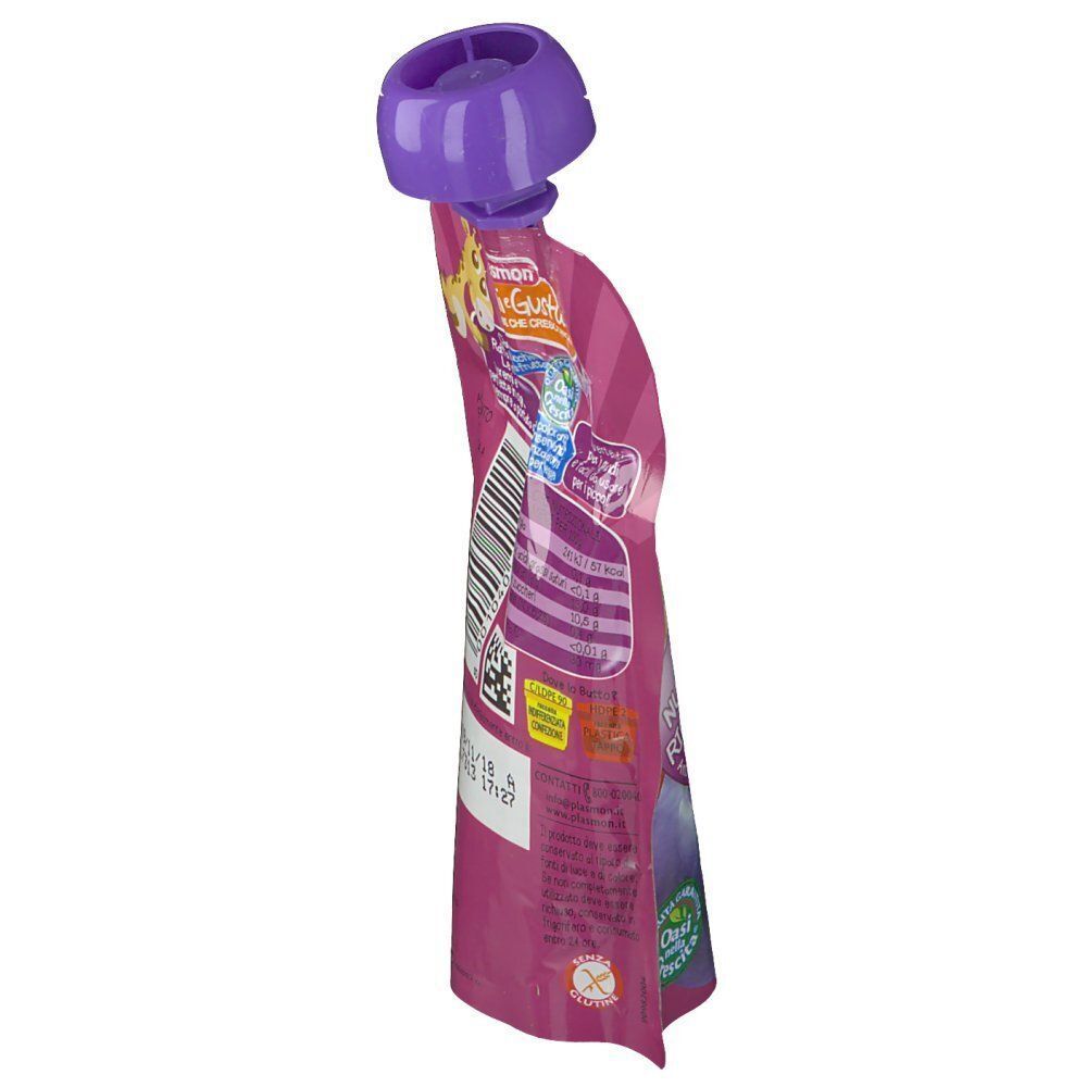 Sacchetto spremibile viola con tappo a vite viola. Confezione colorata con strisce e testo.