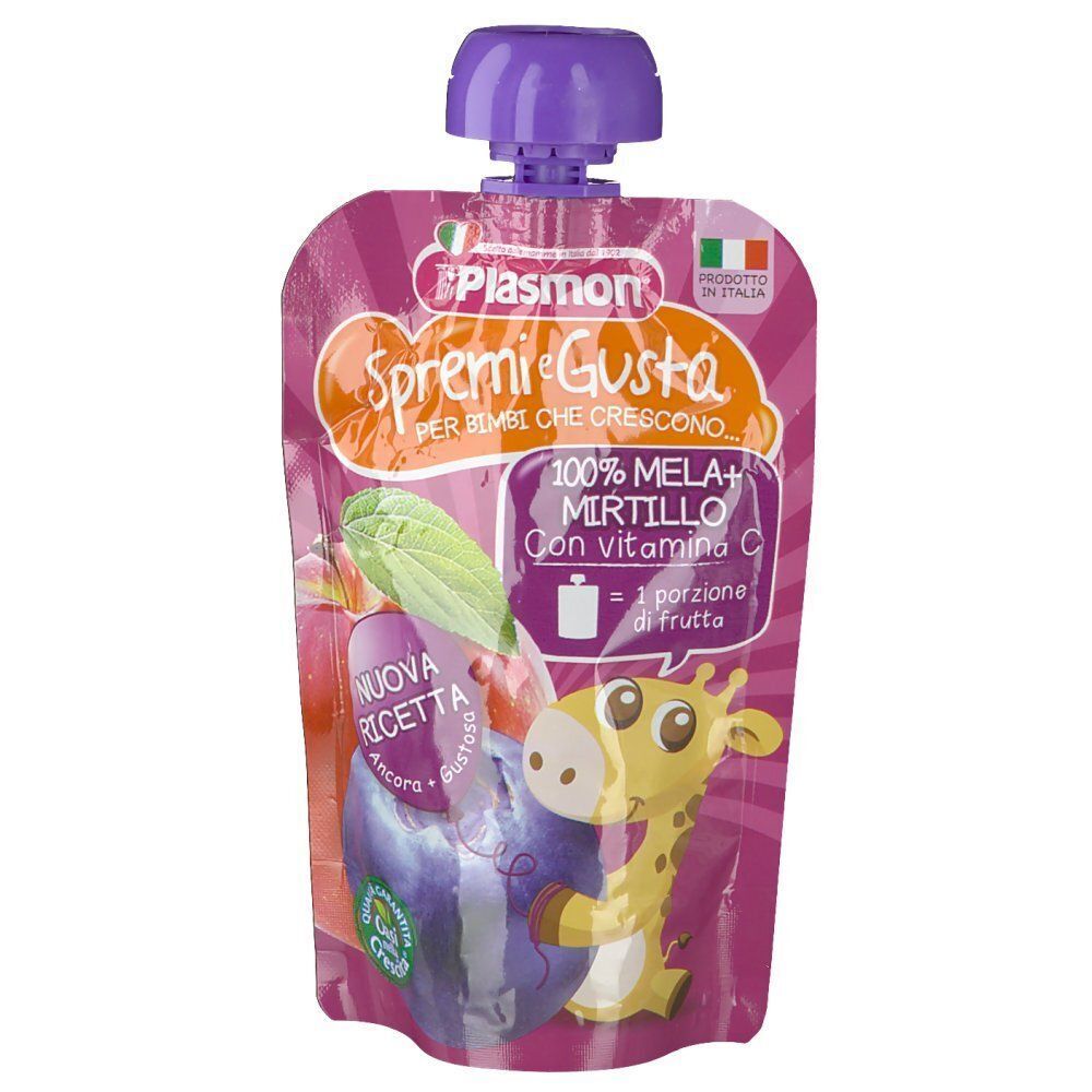 Plasmon Spremi e Gusta Mela e Mirtillo in pouch viola con tappo viola. Contiene Vitamina C.