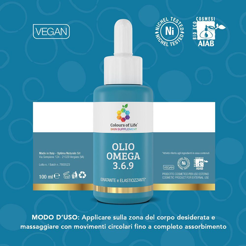 Flacone di Olio Omega 3.6.9 con sigilli per vegan, nichel testato e cosmetici certificati AIAB.