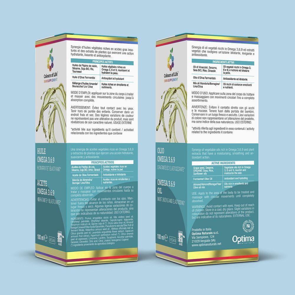 Retro di due scatole Colours of Life Olio Omega 3.6.9 con informazioni su ingredienti e uso.