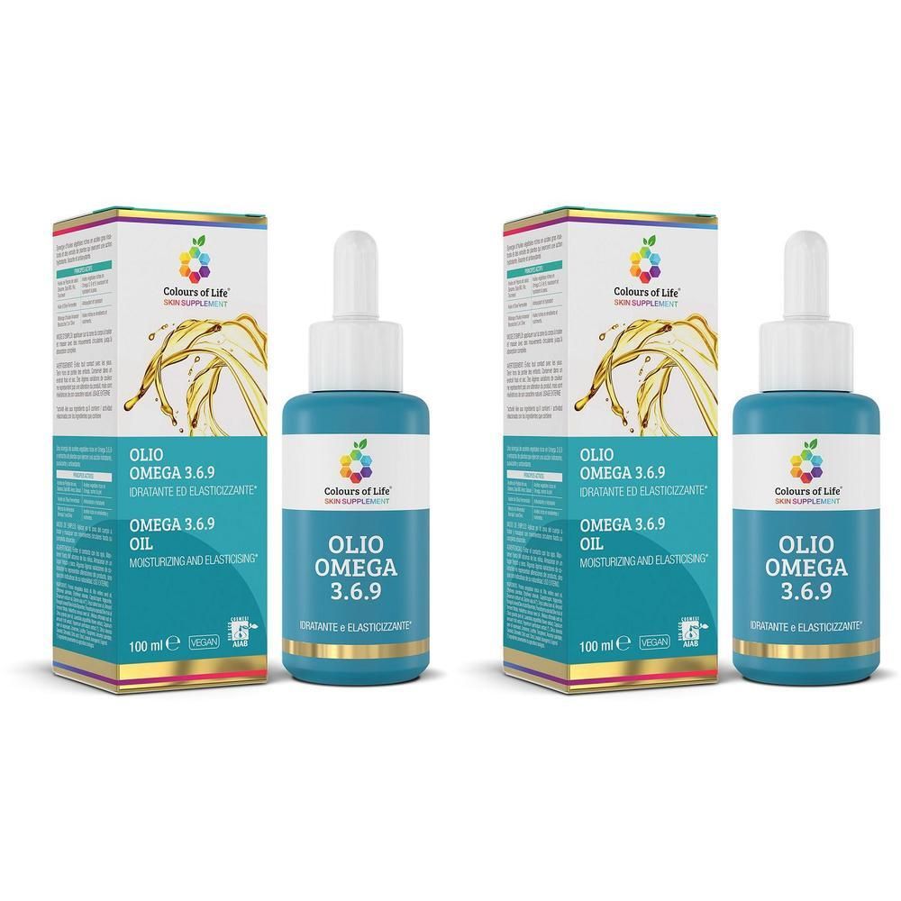 Due flaconi e scatole di Colours Of Life Olio Omega 3.6.9 con contagocce.