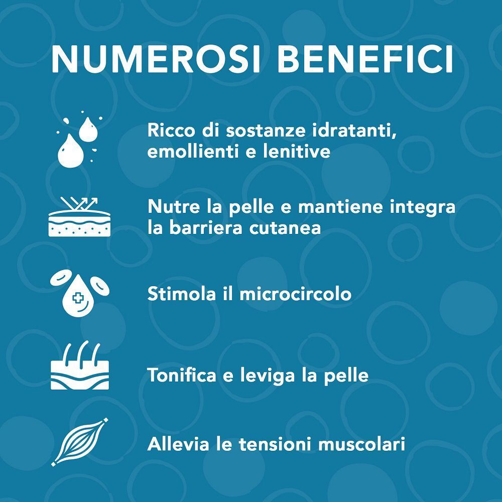 Elenco dei benefici dell'olio Colours Of Life Olio Omega 3.6.9 con icone: idratazione, barriera cutanea, microcircolazione, tonificazione, rilassamento muscolare.