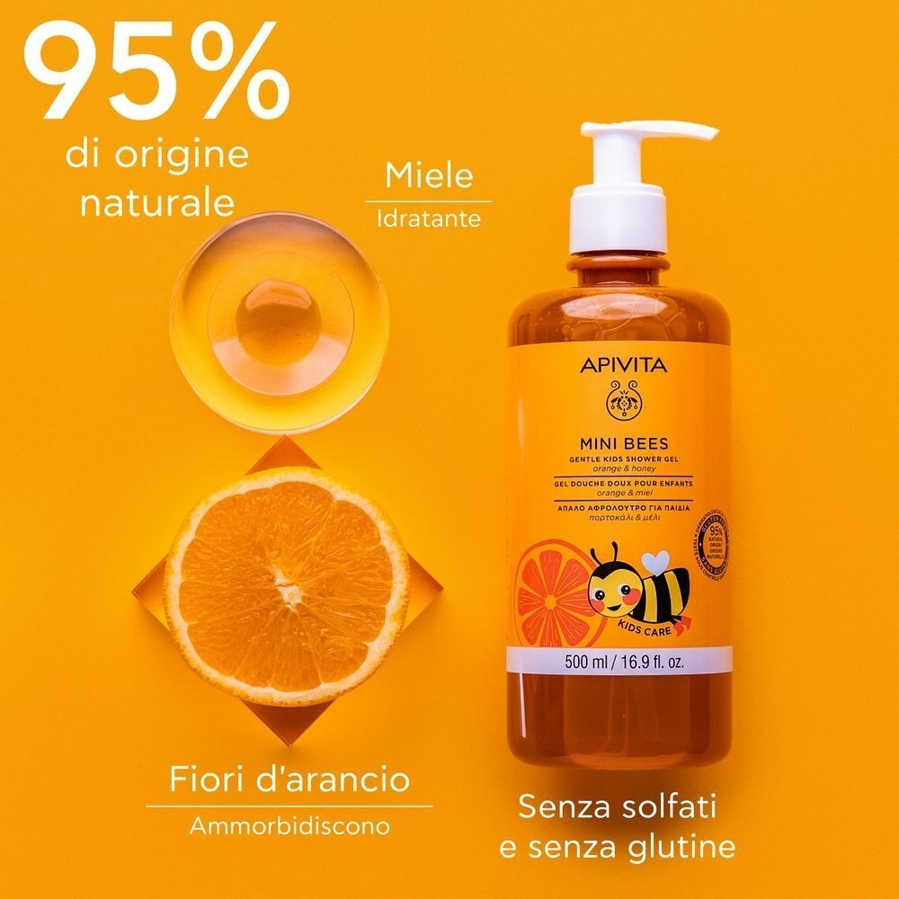 Apivita Mini Bees Gel Doccia Delicato per Bambini con Arancia e Miele - 2 anni