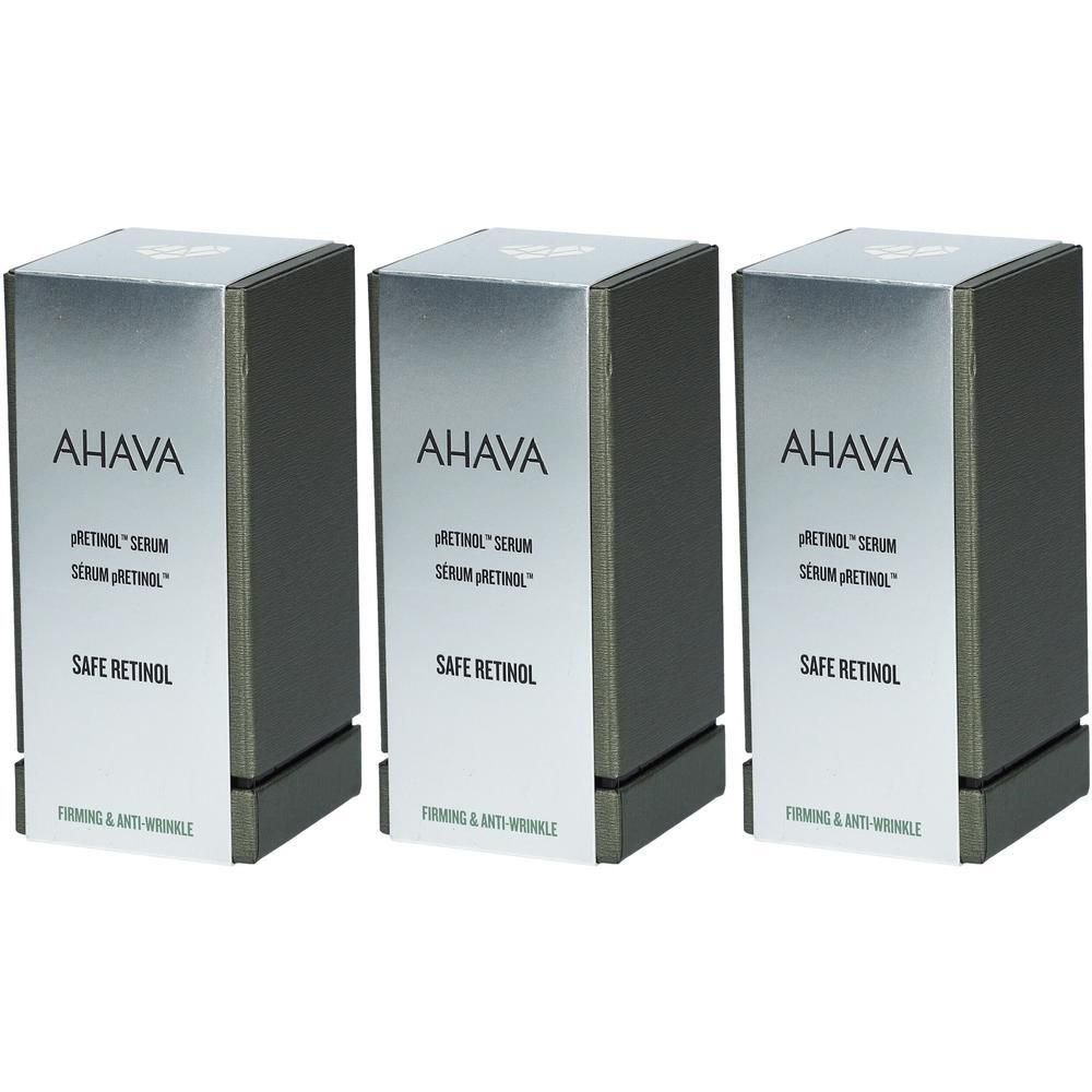 Tre scatole di siero AHAVA pRetinol™ con scritta "SAFE RETINOL".