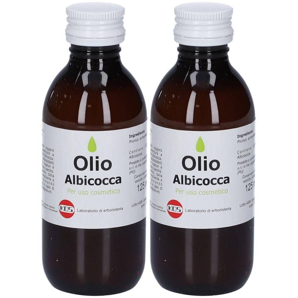 Due flaconi KOS Olio Di Albicocca, vetro marrone, tappo bianco, etichetta con informazioni prodotto.