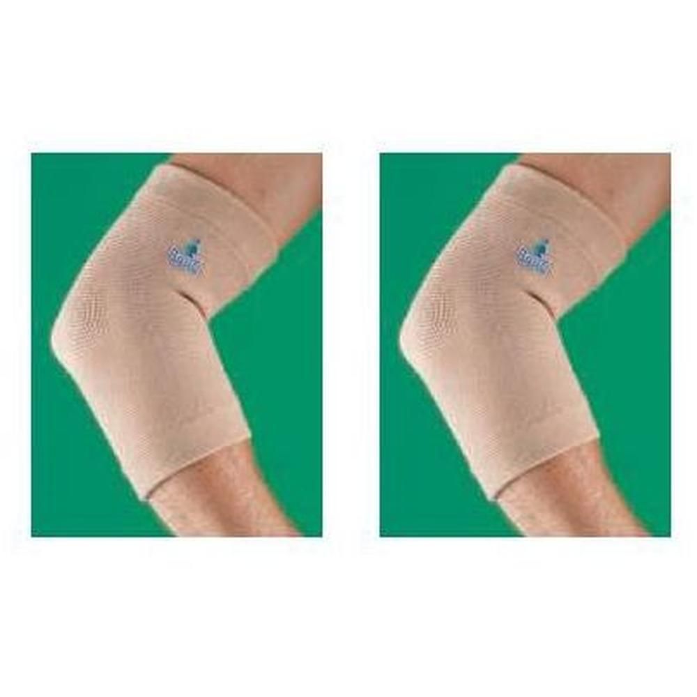 Due gomitiere elastiche color carne con logo blu.