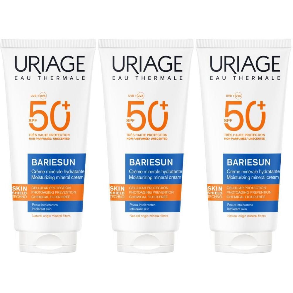 Tre tubi di Crema Minerale URIAGE BARIESUN SPF50+, etichetta bianca e arancione.
