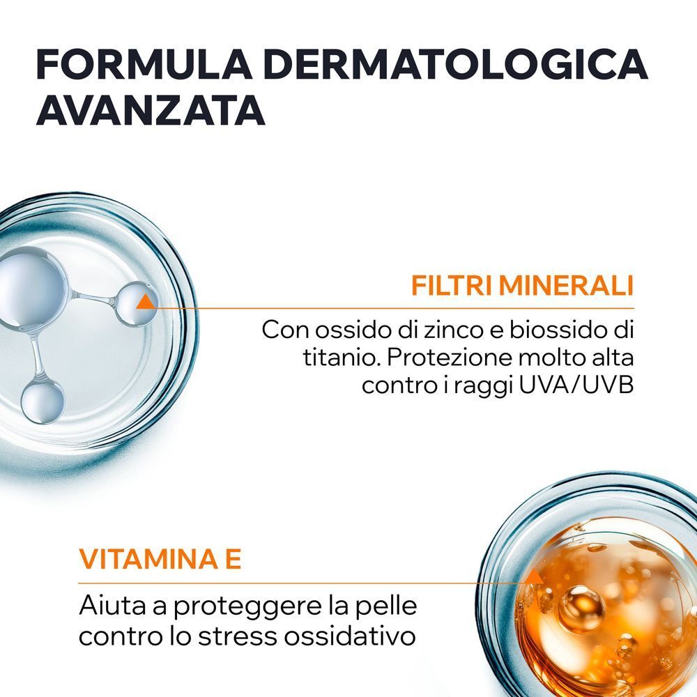 Rappresentazione molecolare di ossido di zinco e biossido di titanio, testo su filtri minerali.