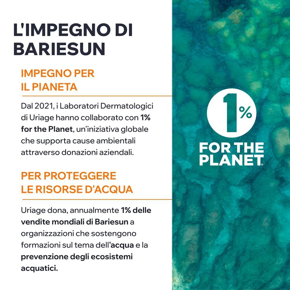 Logo '1% for the Planet' e testo sull'impegno per la protezione ambientale.
