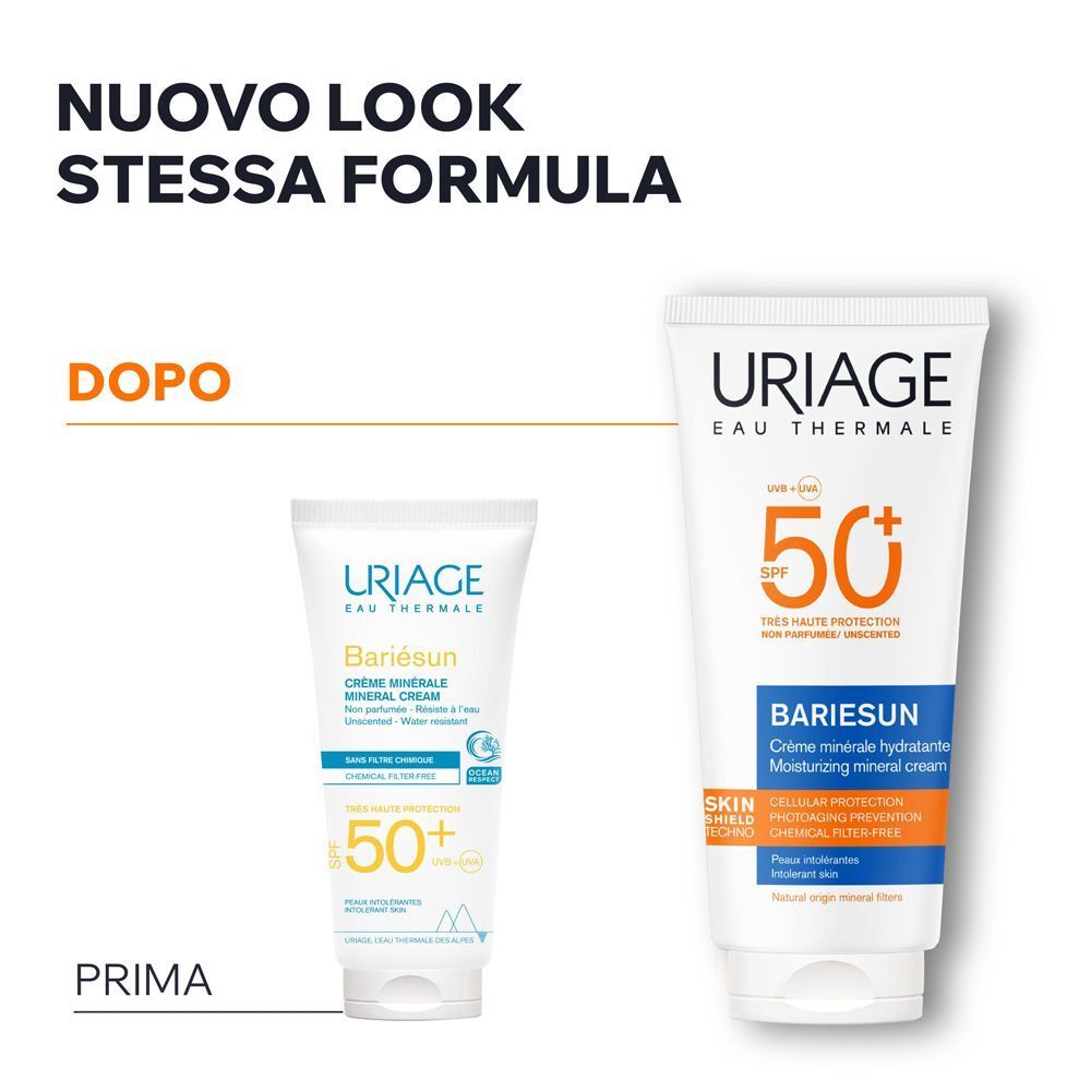 Confronto tra Crema Minerale URIAGE BARIESUN SPF50+ prima e dopo il nuovo design.