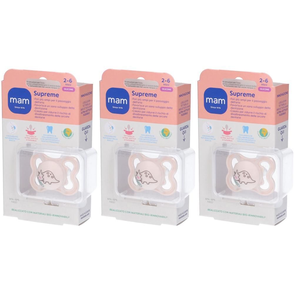Tre succhietti MAM Supreme per neonati da 2-6 mesi, rosa con motivo dinosauro.