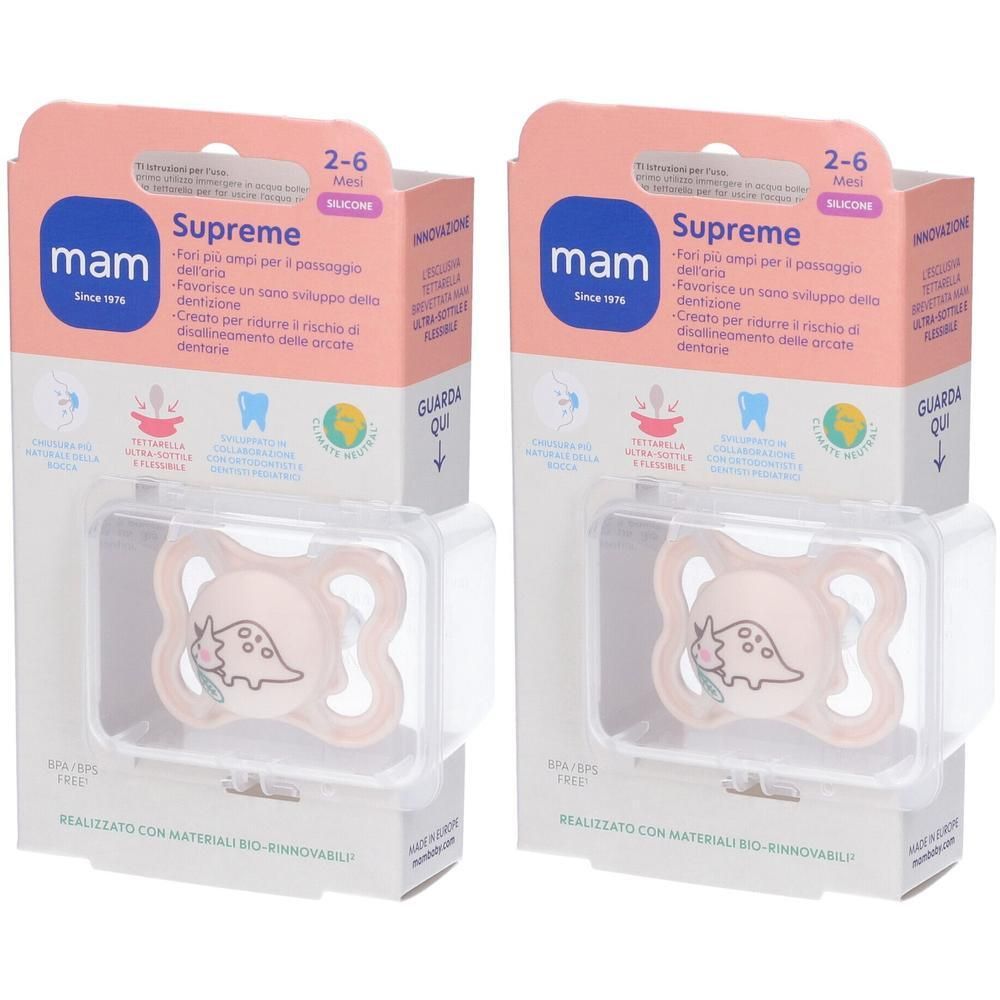 Due succhietti MAM Supreme, 2-6 mesi, rosa con motivo dinosauro, in confezione.