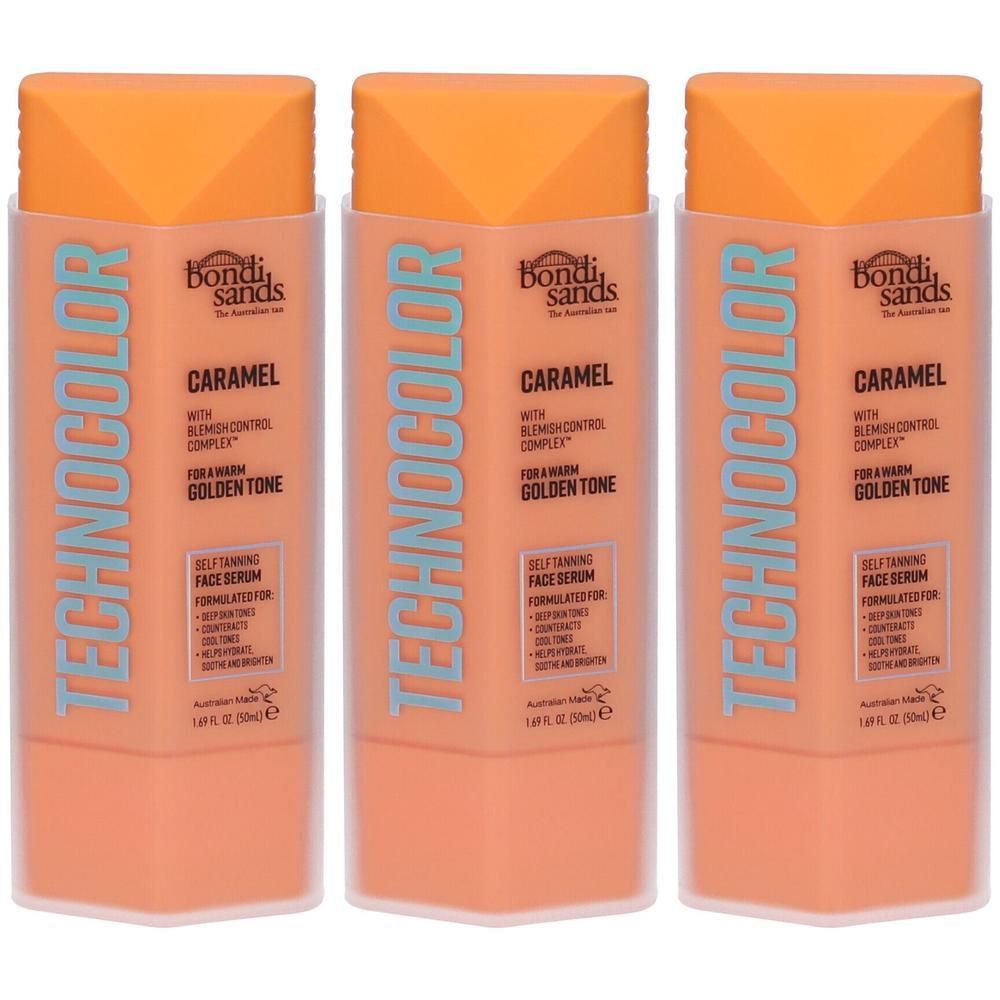 Tre flaconi di siero viso autoabbronzante Bondi Sands Technocolor Caramel per un tono dorato caldo.
