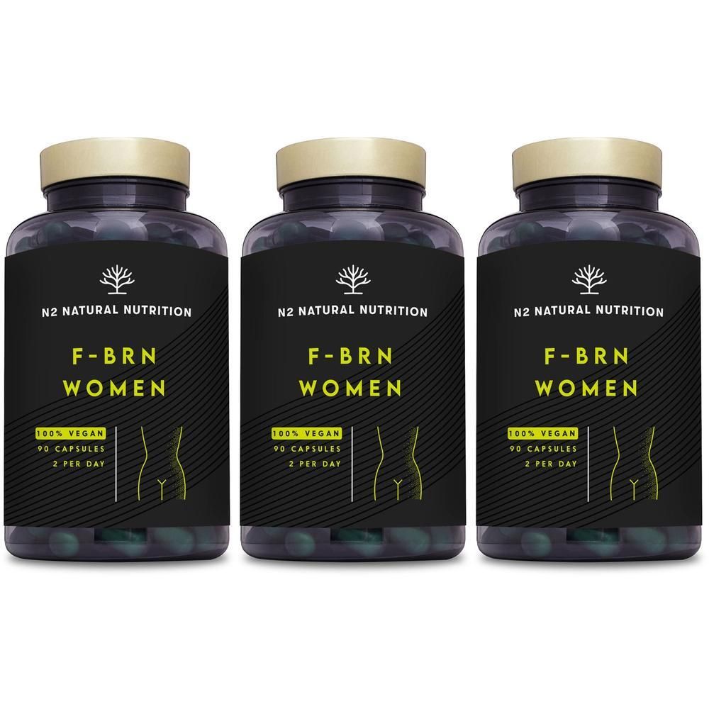 Tre flaconi di capsule N2 Natural Nutrition F-BRN Women con etichette che indicano 90 capsule vegane per flacone.