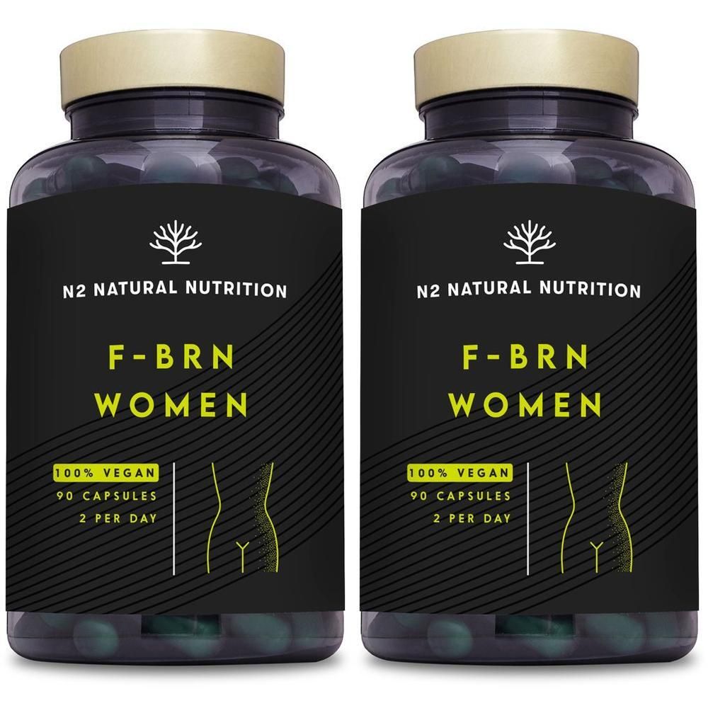 Due flaconi di capsule F-BRN Women N2 Natural Nutrition, 90 capsule per flacone.