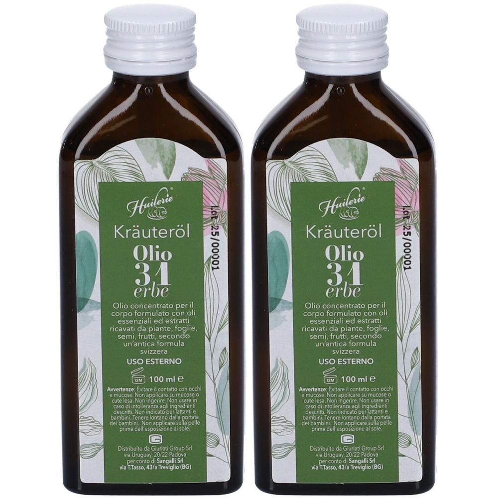 Due flaconi di Kräuteröl Olio 31 erbe con tappo bianco ed etichetta verde.