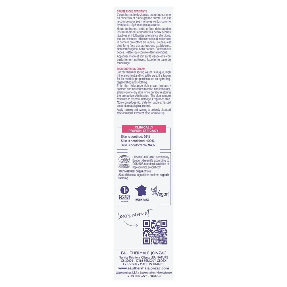 Lato della confezione Eau Thermale Jonzac Crema Reactive Control con certificazioni e QR code.