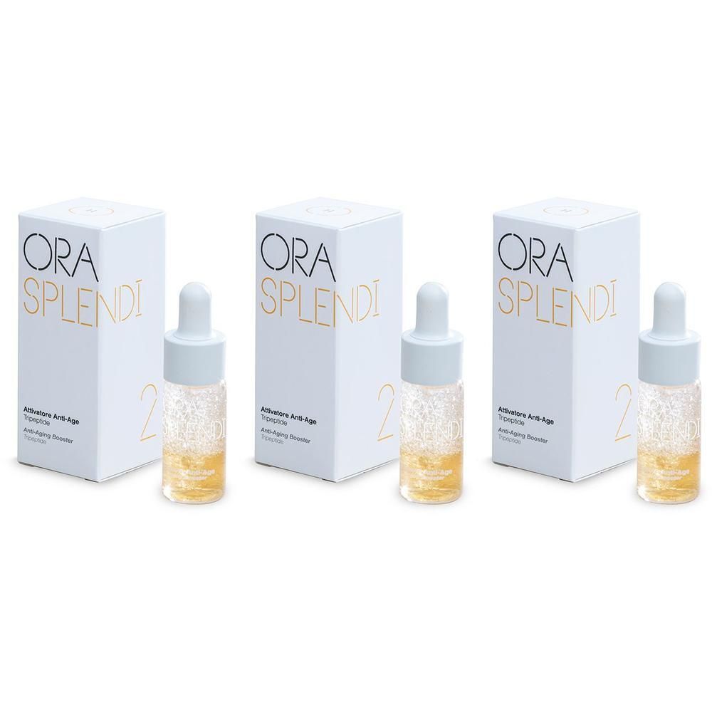 Tre flaconcini con contagocce e confezione del Booster Anti-Age ORA SPLENDI.