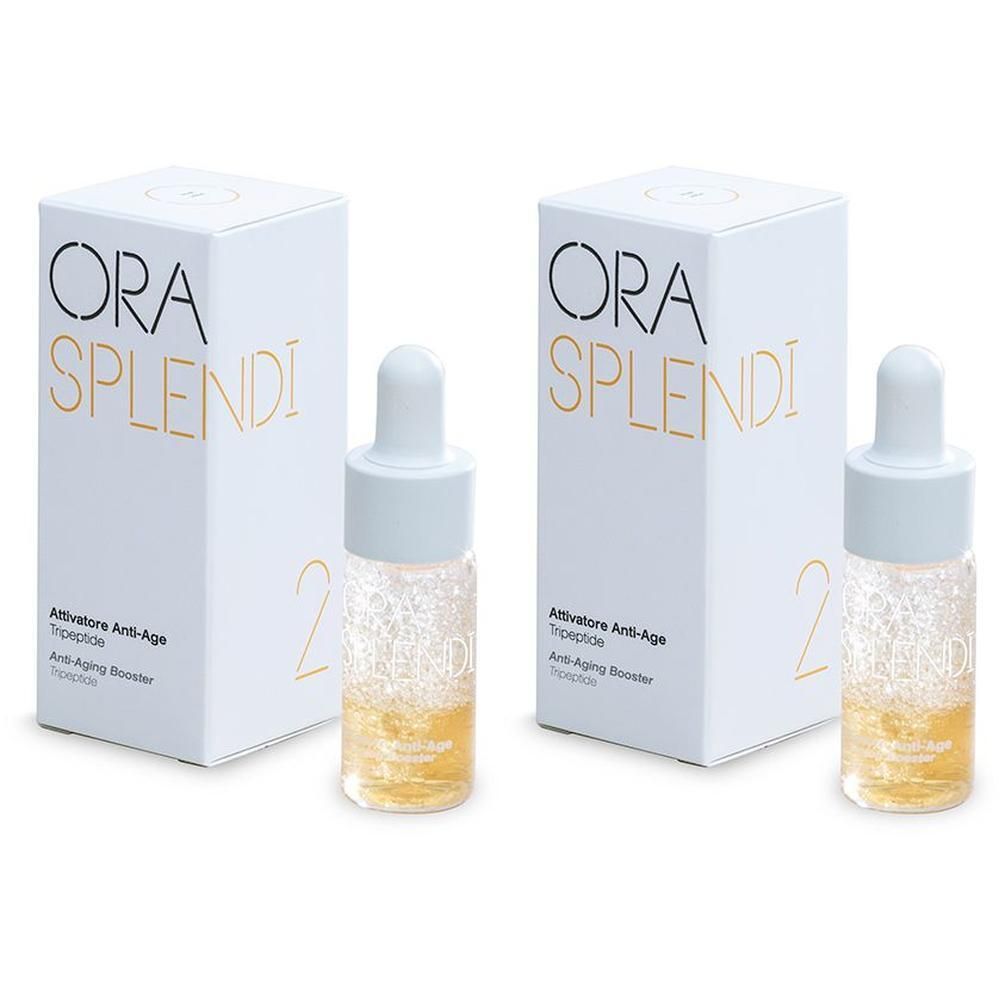Due flaconi ORA SPLENDI Booster Bifase Antiage Tripeptide con contagocce e scatola.