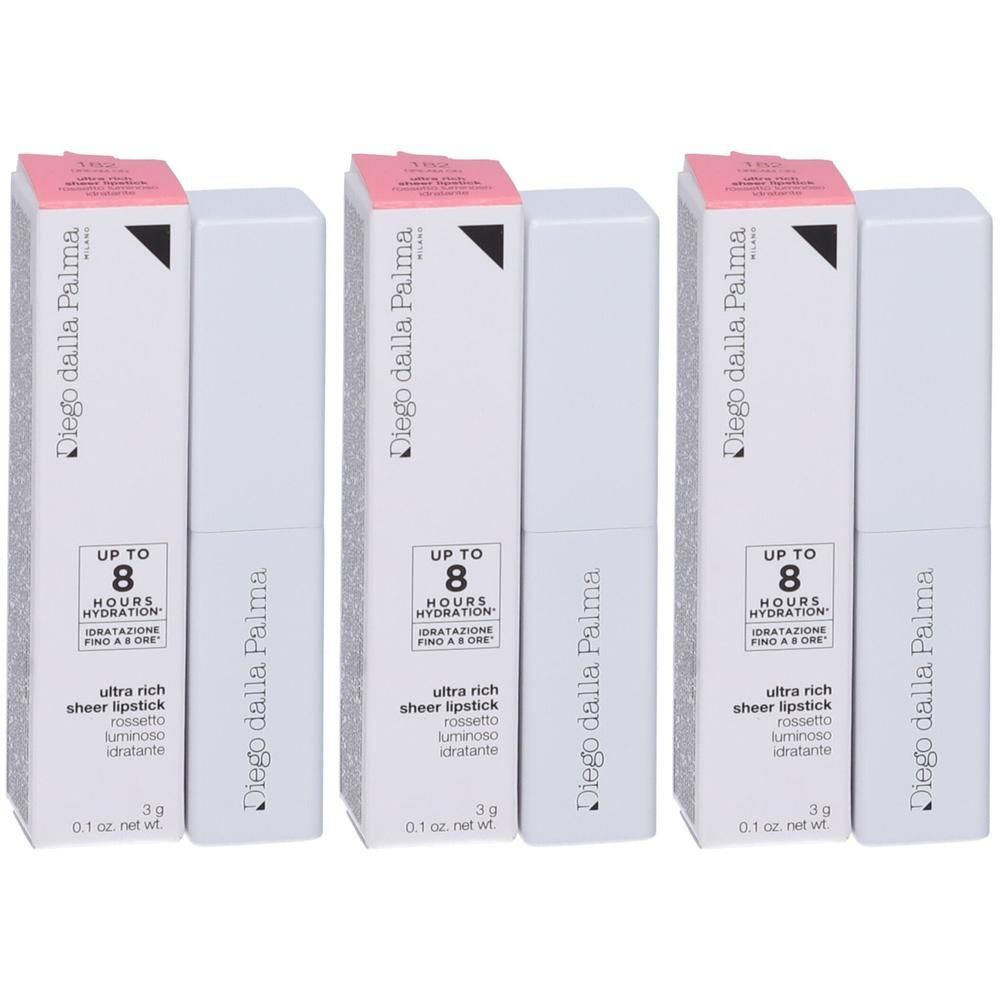 Tre rossetti Diego dalla Palma Ultra Rich Sheer in confezione bianca, 3g ciascuno.