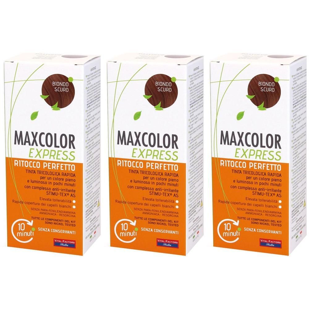 Tre scatole di tintura per capelli MAXCOLOR EXPRESS, biondo scuro. Mostra '10 minuti' e 'Senza conservanti'.