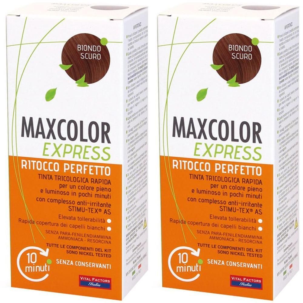 Due confezioni di MAXCOLOR EXPRESS, tonalità Biondo Scuro. Ritocco perfetto per capelli, colore pieno e luminoso in pochi minuti.