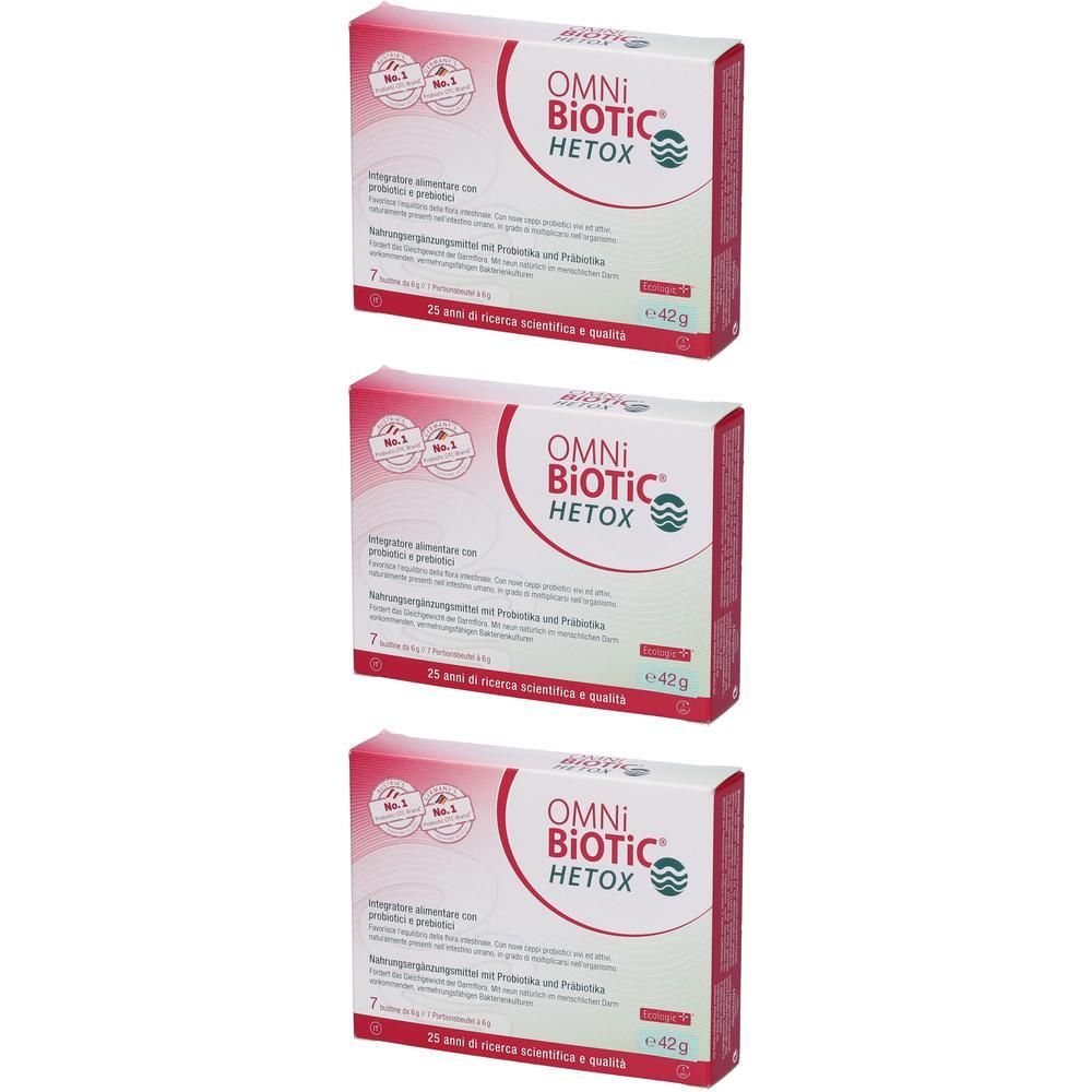 Tre confezioni di Omni Biotic Hetox, ciascuna con 7 bustine. Contiene probiotici e prebiotici.