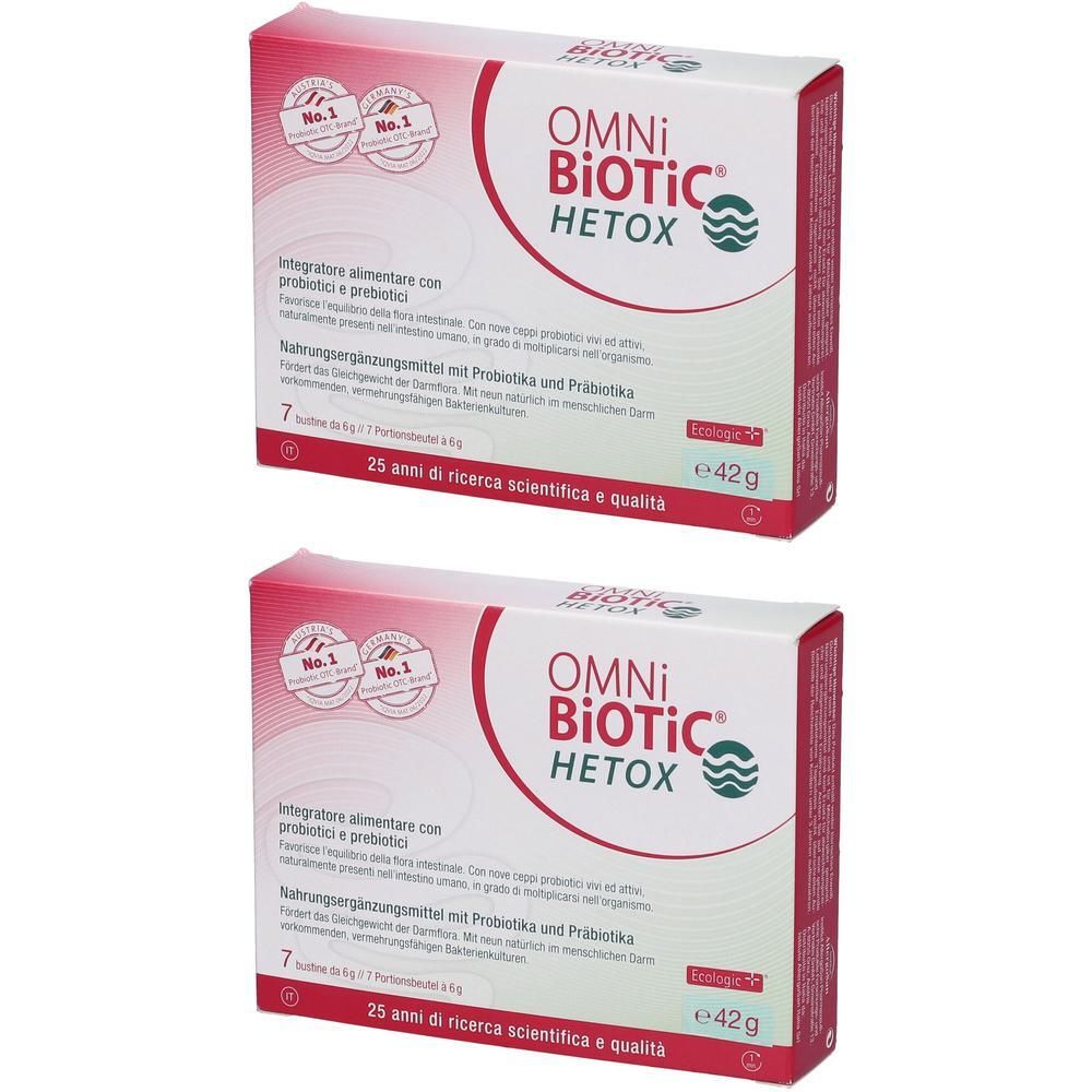 Due confezioni Omni Biotic Hetox da 7 bustine ciascuna. Contiene probiotici e prebiotici.