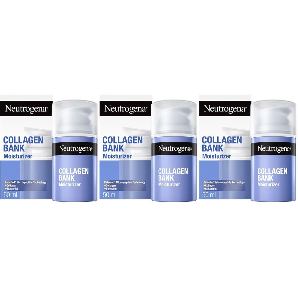 Tre flaconi di crema idratante Neutrogena Collagen Bank con erogatori, 50 ml.