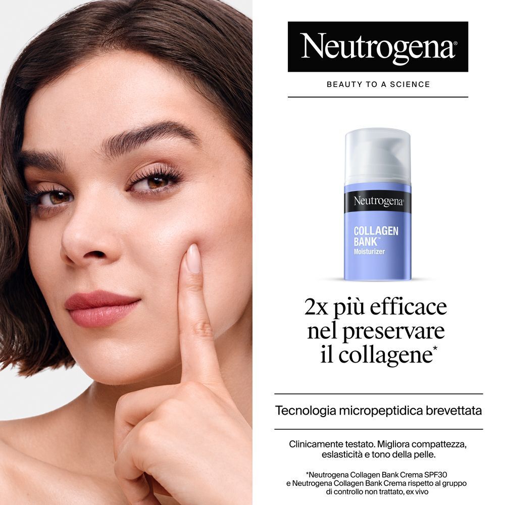 Una donna si tocca il viso accanto a un flacone di crema idratante Neutrogena Collagen Bank.