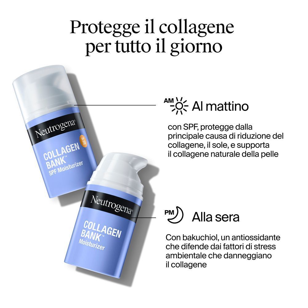 Due flaconi di crema Neutrogena Collagen Bank, uno con SPF, per giorno e notte.