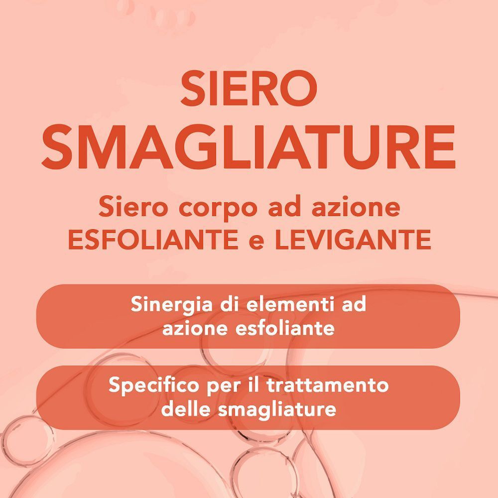 Grafica testuale per Siero Smagliature: siero corpo ad azione esfoliante e levigante.