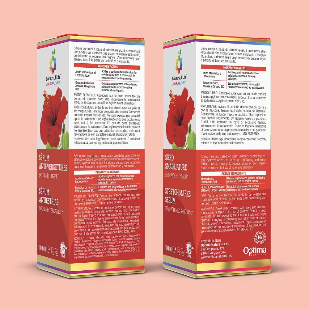 Retro di due scatole di Siero Smagliature con ingredienti e istruzioni.