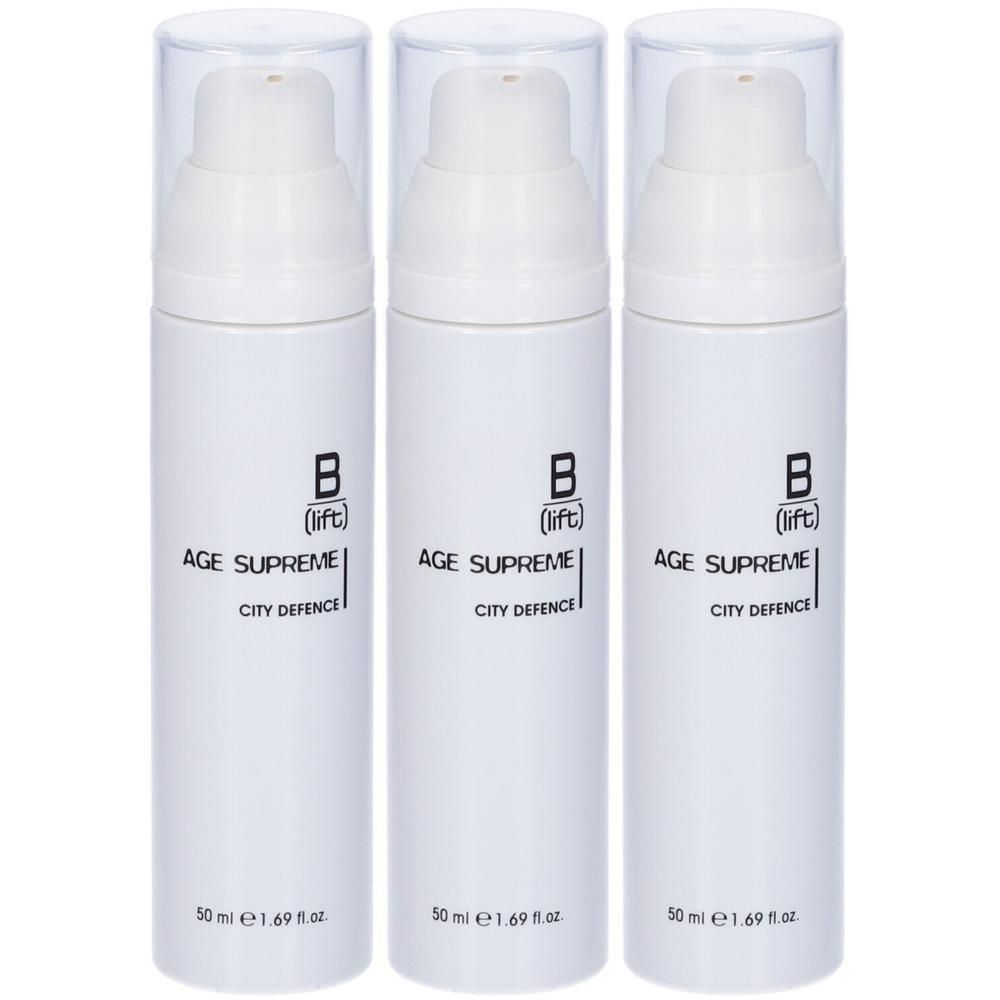 Tre flaconi pompa bianchi B Lift Age Supreme City Defence, 50 ml ciascuno.