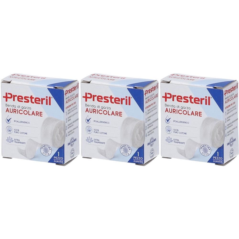 Tre confezioni di Presteril Benda Auricolare. Scatola bianca con scritte blu. Contiene 1 pezzo.