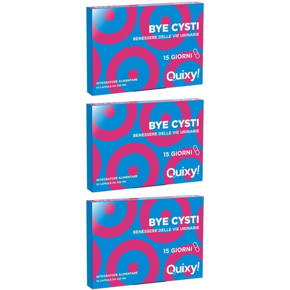 Tre confezioni di Quixy Bye Cysti, integratore per infezioni urinarie, 15 capsule per confezione.