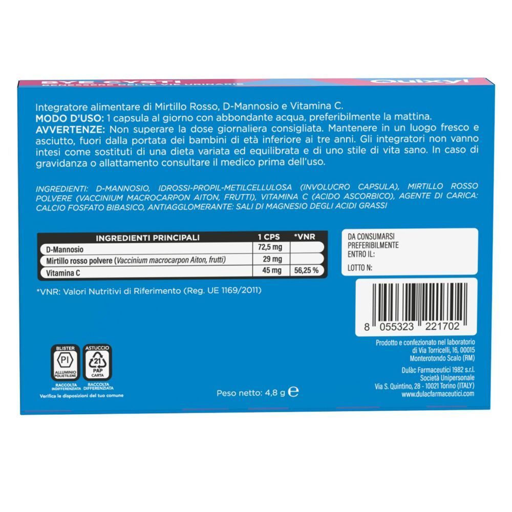 Retro di una confezione Quixy Bye Cysti con ingredienti, istruzioni e codice a barre.