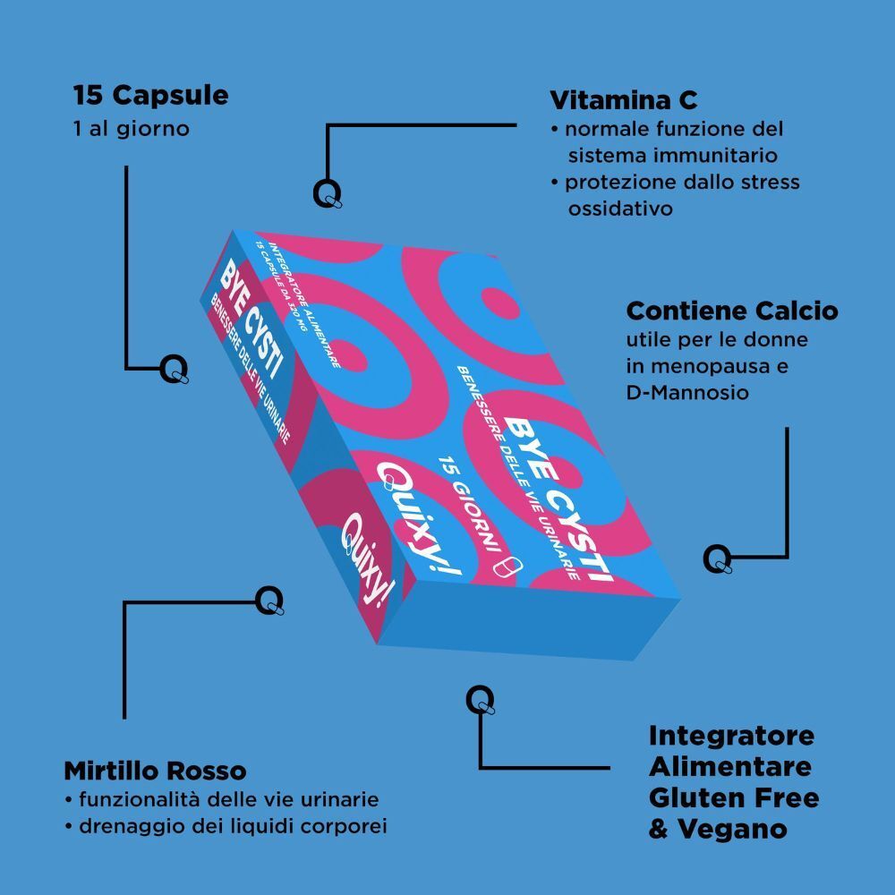 Confezione Quixy Bye Cysti con spiegazione degli ingredienti come mirtillo rosso e vitamina C.