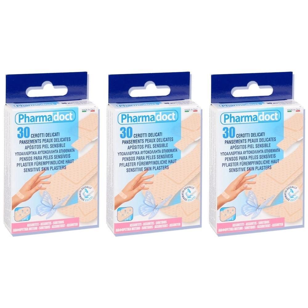 Tre confezioni di cerotti Pharmadoct per pelli delicate, 30 cerotti per confezione.