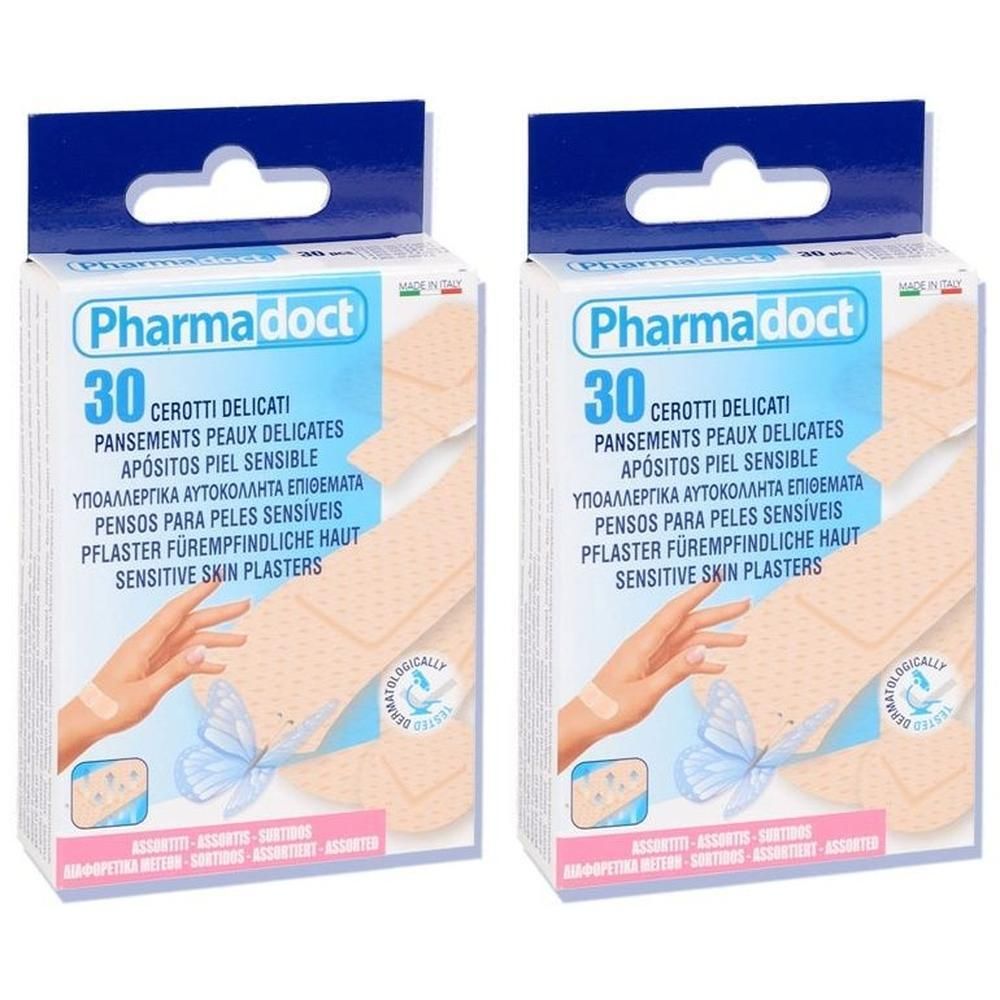 Due confezioni di cerotti Pharmadoct per pelli delicate, 30 cerotti per confezione.